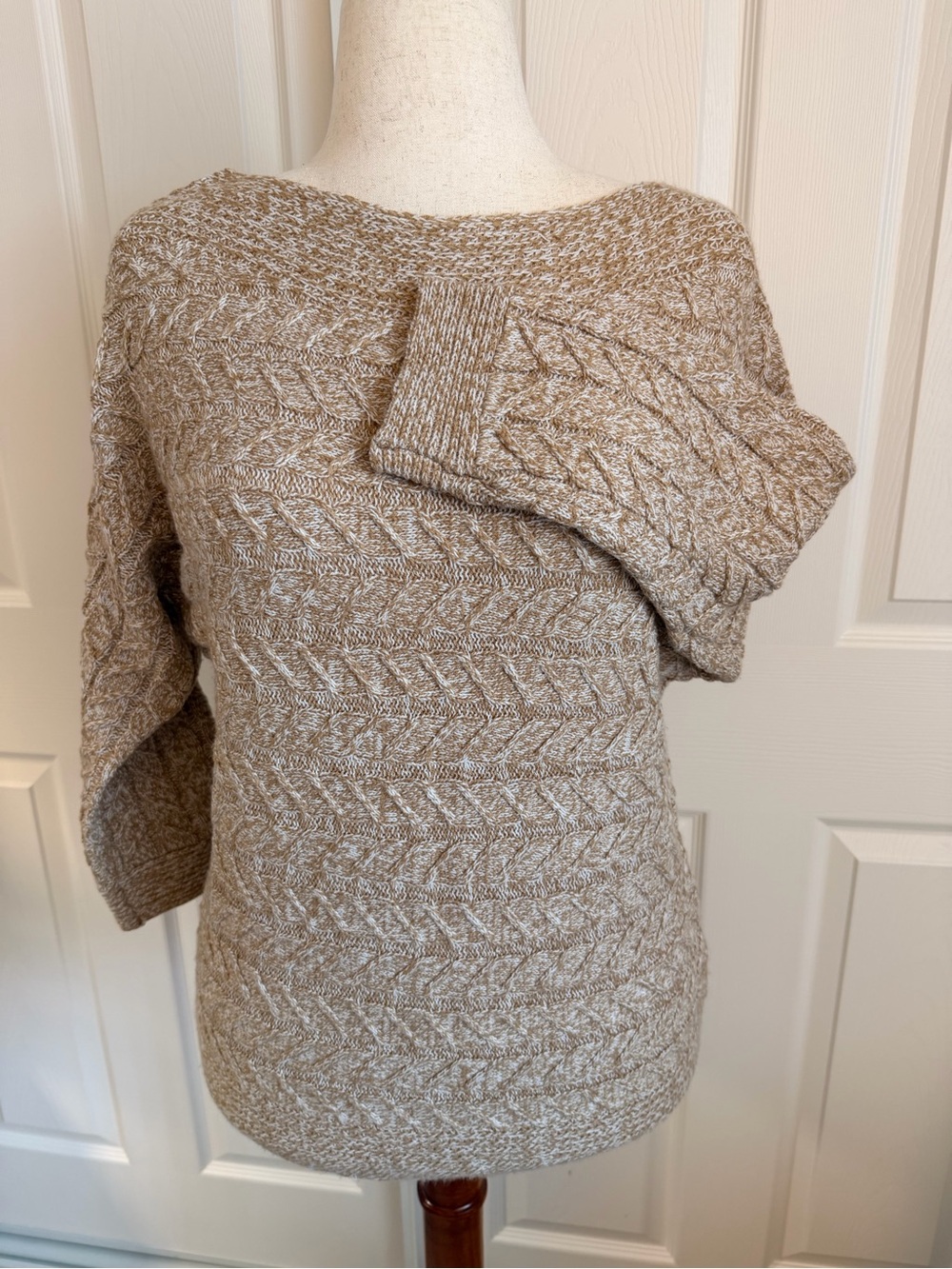 New York & Company Off-the-Shoulder Cable Knit Sweater - Taupe Heather